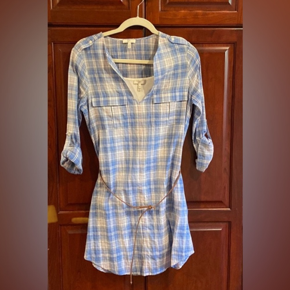 Joie plaid blue shirt dress with slip and skinny belt size XS